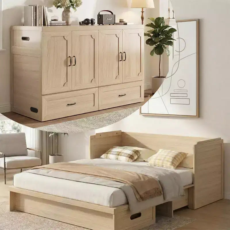 Mjkone Queen Size Μετατρεπόμενο κρεβάτι Murphy σε ερμάριο με θύρα φόρτισης USB, συρτάρια αποθήκευσης, δεν περιλαμβάνεται στρώμα