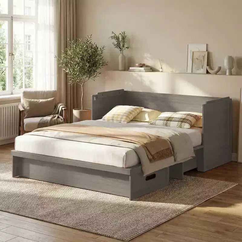 Επιπλοκρεβάτι Murphy Mjkone, διπλό (Queen Size), μετατρεπόμενο, με στρώμα, θύρα φόρτισης USB και συρτάρια αποθήκευσης