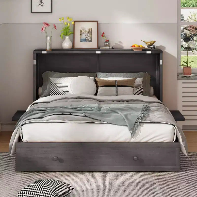 Mjkone Murphy Bed Queen, Αναδιπλούμενο κρεβάτι-ντουλάπι Cube με σταθμό φόρτισης & αποθηκευτικό χώρο