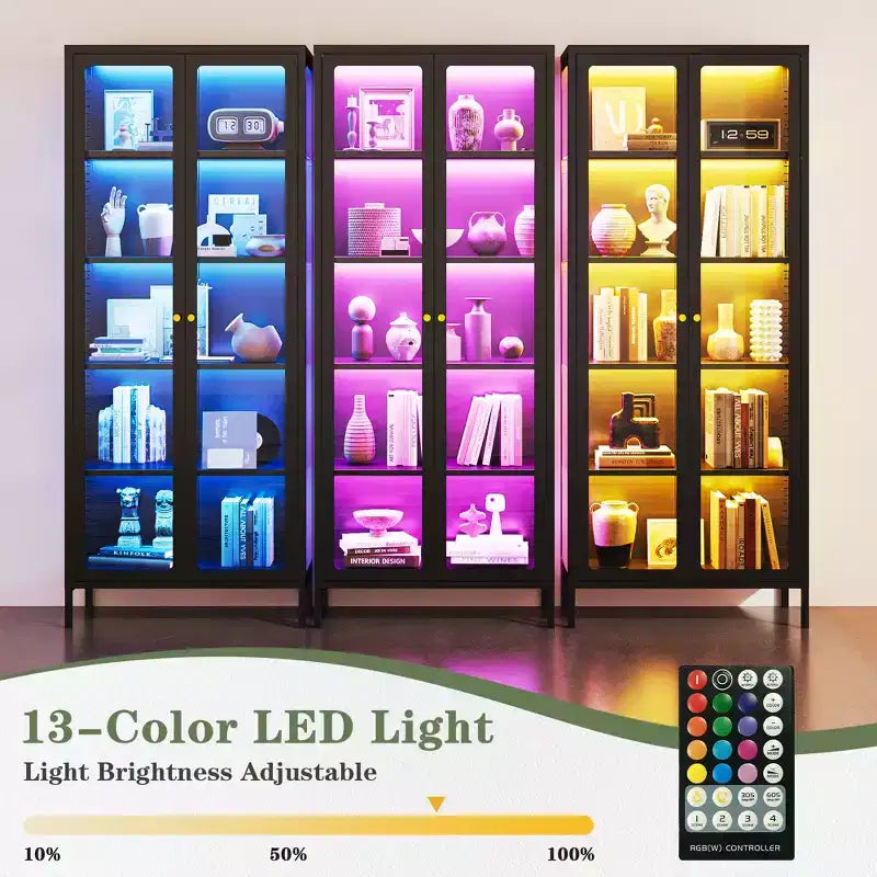 Βιτρίνα 67H με τζάμια στις 3 πλευρές, φωτισμό LED, αποθηκευτικό χώρο 5 επιπέδων με διπλές πόρτες και μεταλλικό σκελετό για συλλεκτικά είδη, ιδανική για μικρούς χώρους