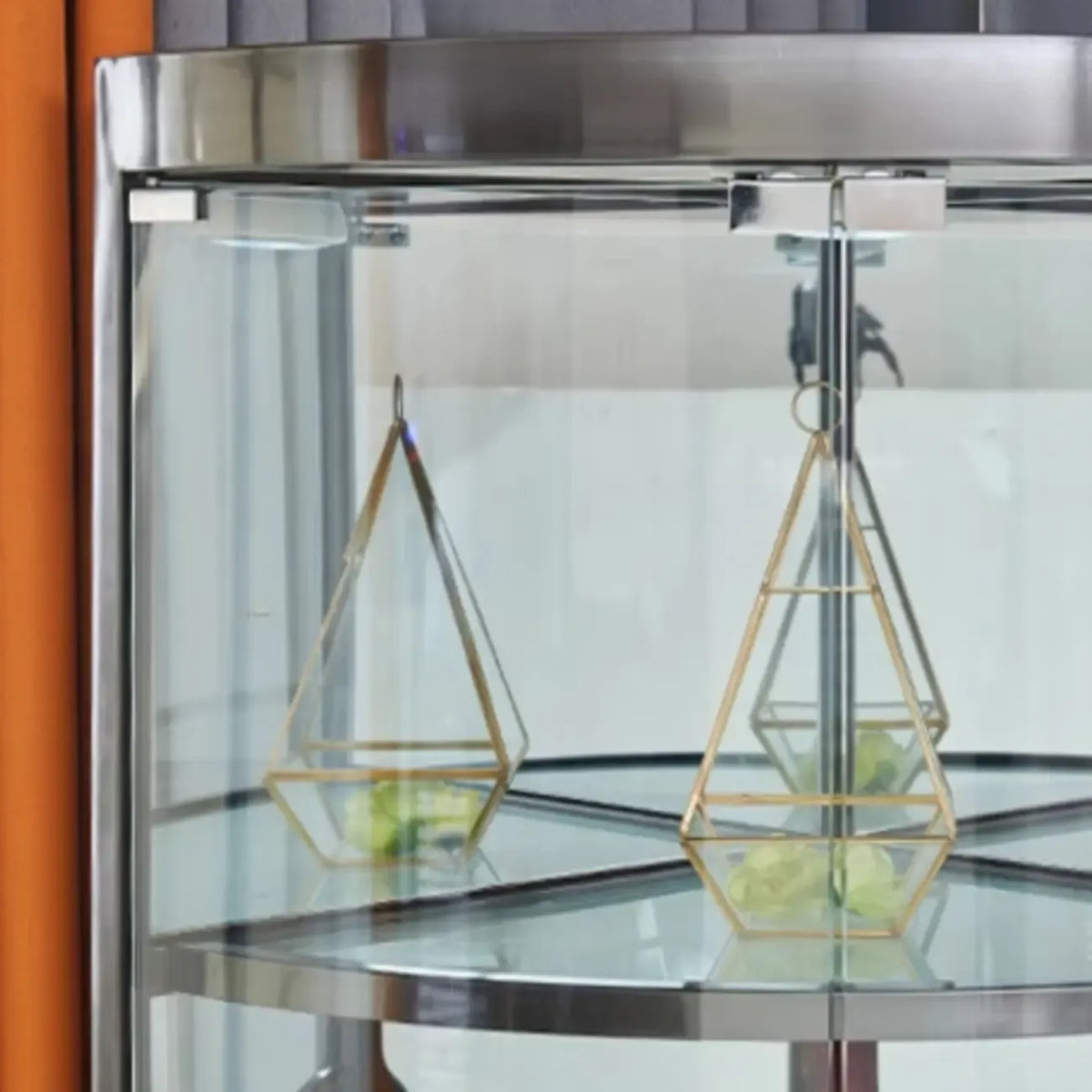 Multiple Levels Glass and Metal Shelf Storage Display Corner Wine Cabinet