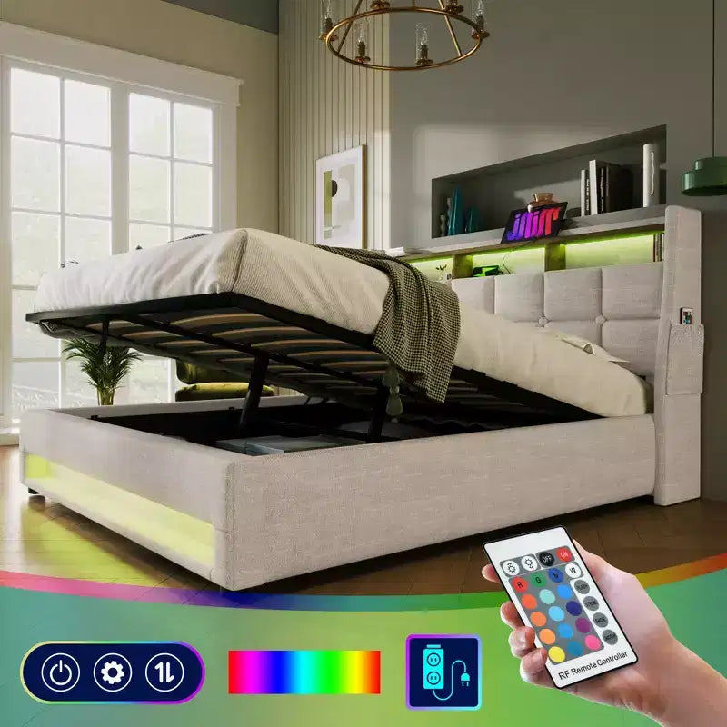 Κρεβάτι Queen Size με υδραυλικό αποθηκευτικό χώρο, LED, USB, επενδυμένο κεφαλάρι, χωρίς ανάγκη για σομιέ, εύκολη συναρμολόγηση