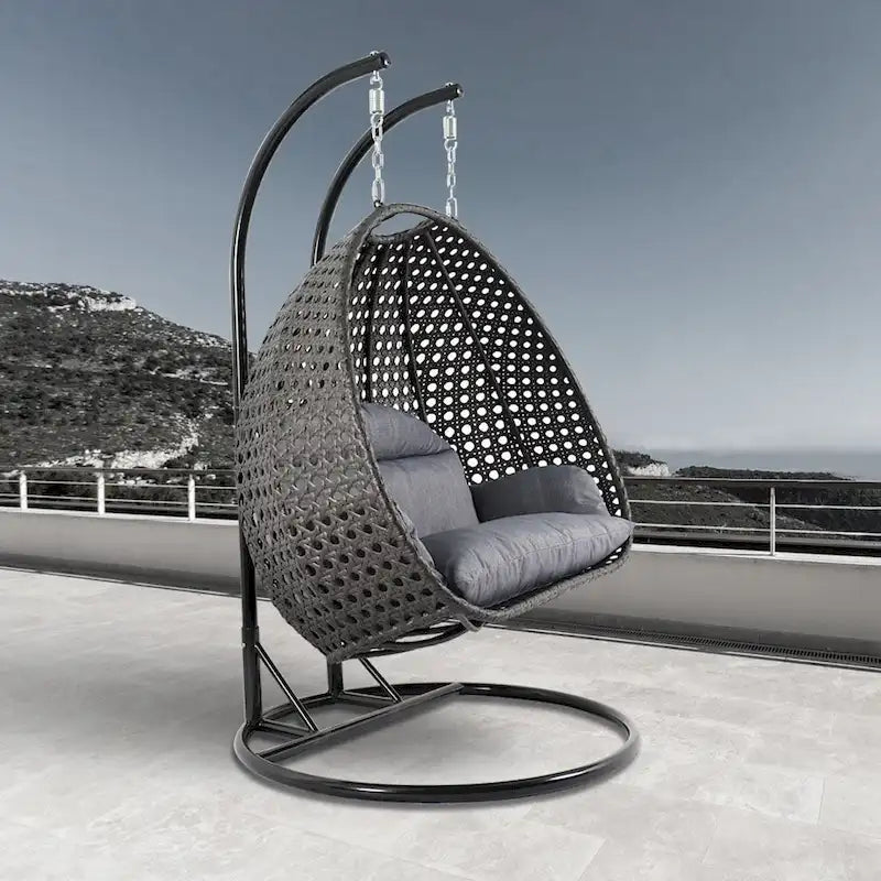 Κρεμαστή πολυθρόνα-αυγό LeisureMod για 2 άτομα με βάση - Κούνια-αιώρα από ρατάν για εξωτερικό/εσωτερικό χώρο, βεράντα, με μαξιλάρια