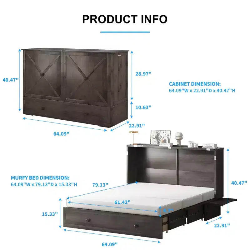 Mjkone Murphy Bed Queen, Αναδιπλούμενο κρεβάτι-ντουλάπι Cube με σταθμό φόρτισης & αποθηκευτικό χώρο