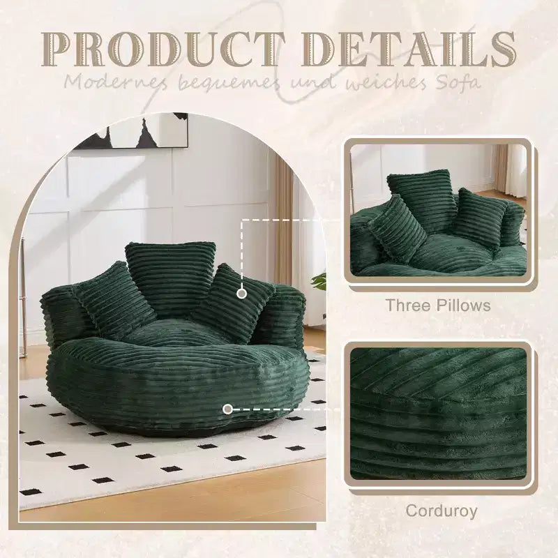 Καναπές Bean Bag για ενήλικες και παιδιά, υπερμεγέθης πολυθρόνα πουφ από κοτλέ ύφασμα με 3 μαξιλάρια και μπράτσα για το σαλόνι και την κρεβατοκάμαρα