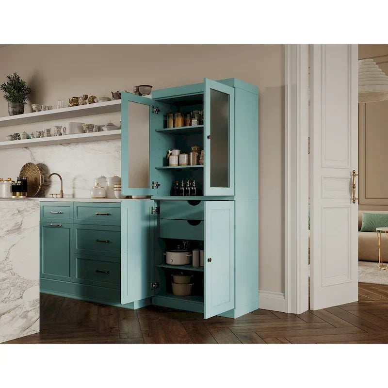 Ντουλάπι τροφίμων από 100% μασίφ ξύλο με πόρτες από αμμοβολημένο γυαλί, μασίφ πόρτες, 2 συρτάρια και ρυθμιζόμενα ράφια