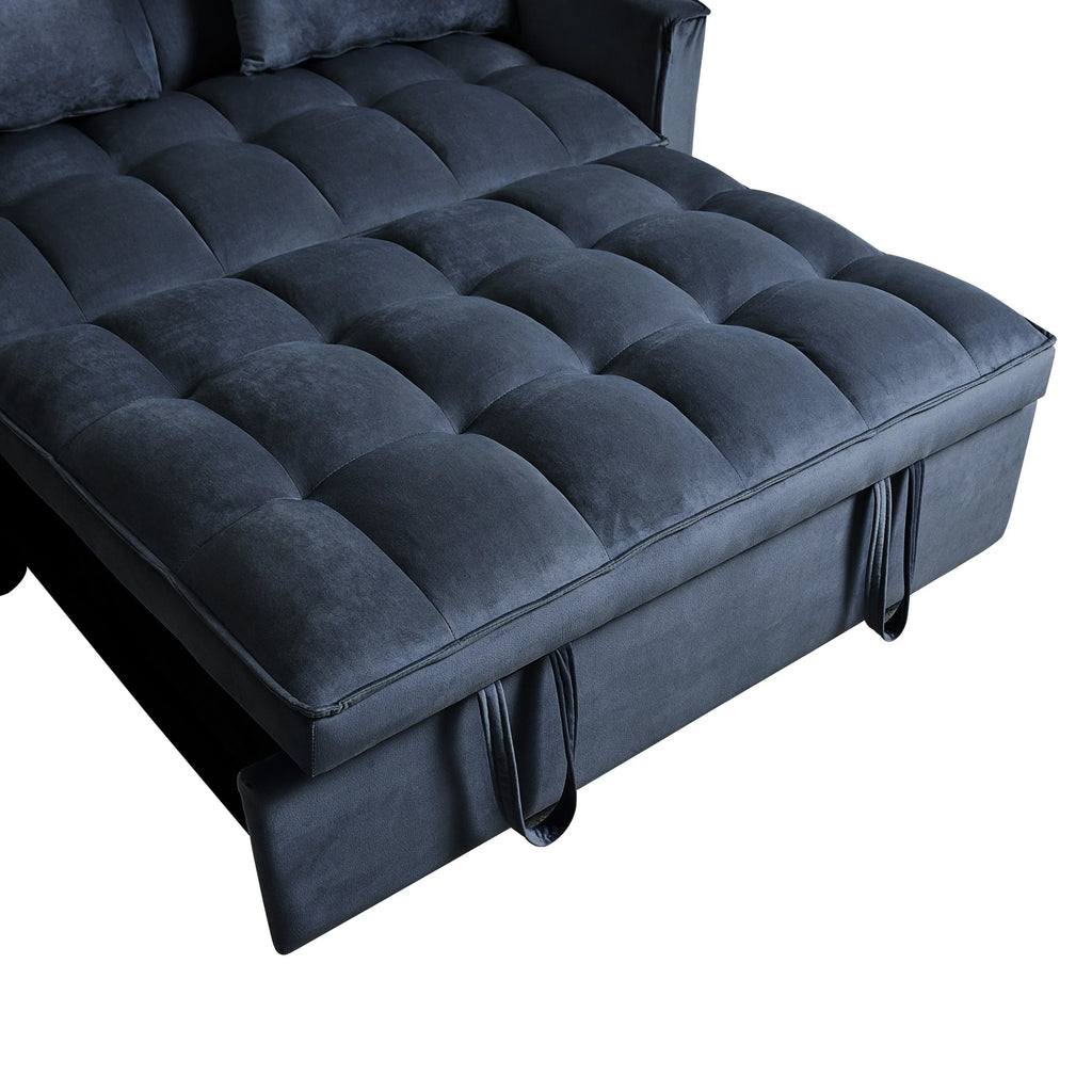 Modern Pull-Out Couch Bed, 3-in-1 Sleeper Sofa with Adjustable Backrest, Velvet Loveseat, Pillows & Side Pockets