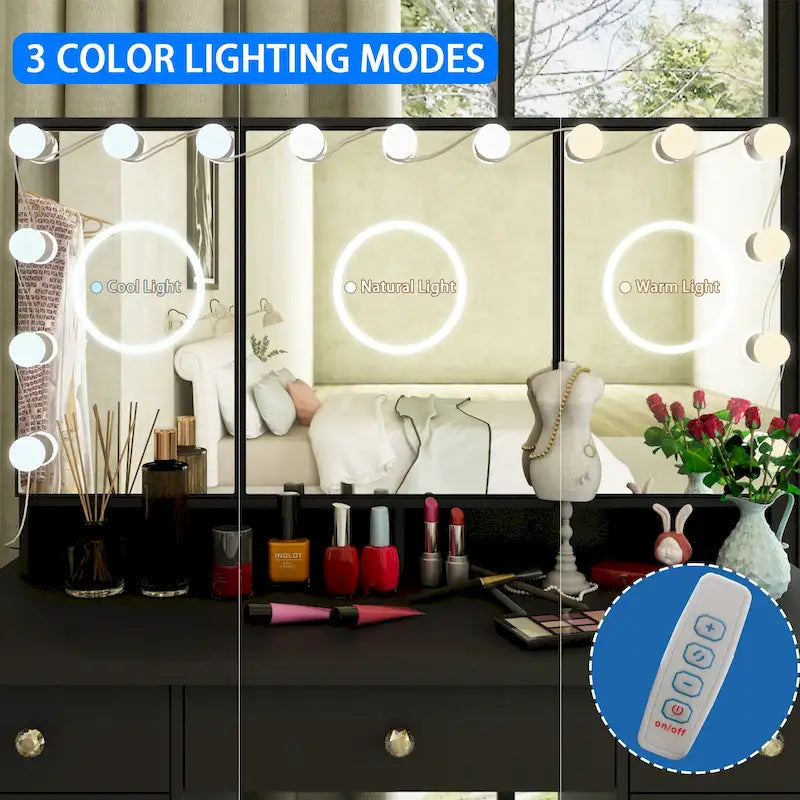 Luxurious LED Makeup Vanity with 9 Drawers Elegant Makeup Station