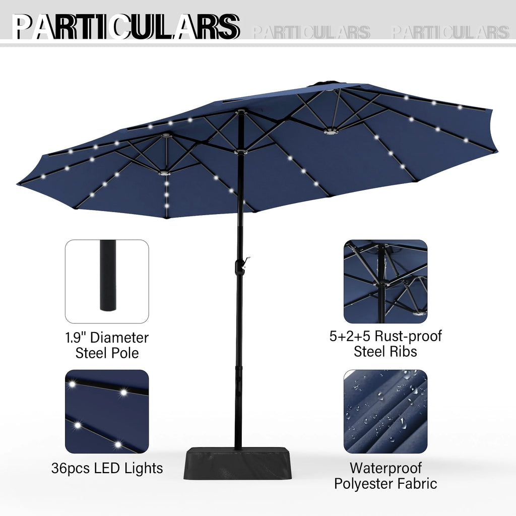15-foot Rectangular Crank Double-sided Outdoor Market Umbrella Solar LED Lighted Patio Umbrella with Base Included
