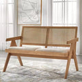 Mid-Century Solid Wood Cane Arm Bench, Light Oak, Entryway or Bedroom Bench