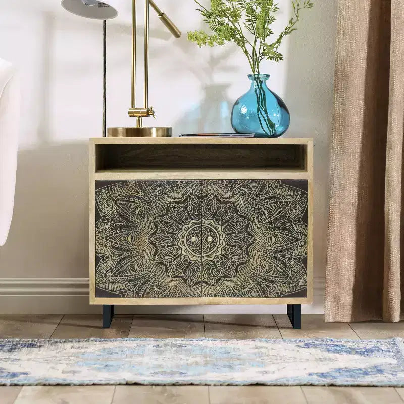 Bohemian Solid Mango Wood Accent Cabinet with Screen Printed Pattern, Natural Finish