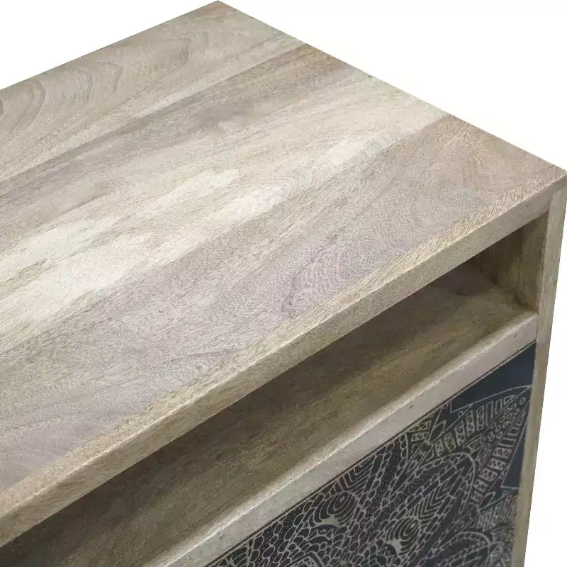 Bohemian Solid Mango Wood Accent Cabinet with Screen Printed Pattern, Natural Finish