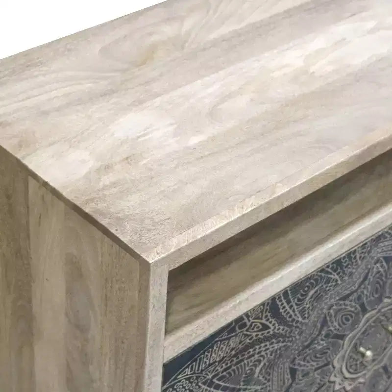 Bohemian Solid Mango Wood Accent Cabinet with Screen Printed Pattern, Natural Finish