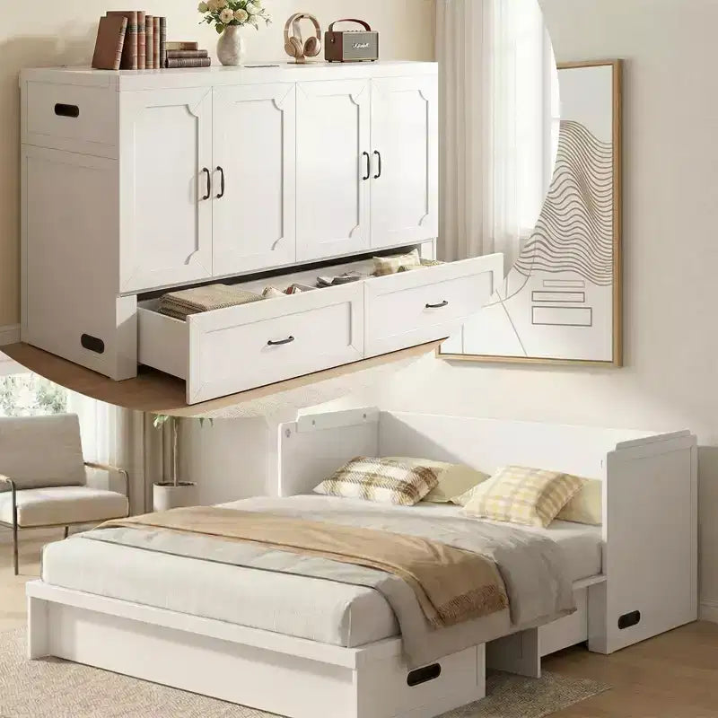 Επιπλοκρεβάτι Murphy Mjkone, διπλό (Queen Size), μετατρεπόμενο, με στρώμα, θύρα φόρτισης USB και συρτάρια αποθήκευσης