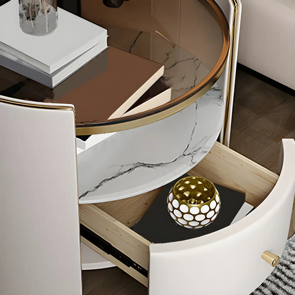 Luxury Glass Top Nightstand with Drawer Storage and Open Cubby