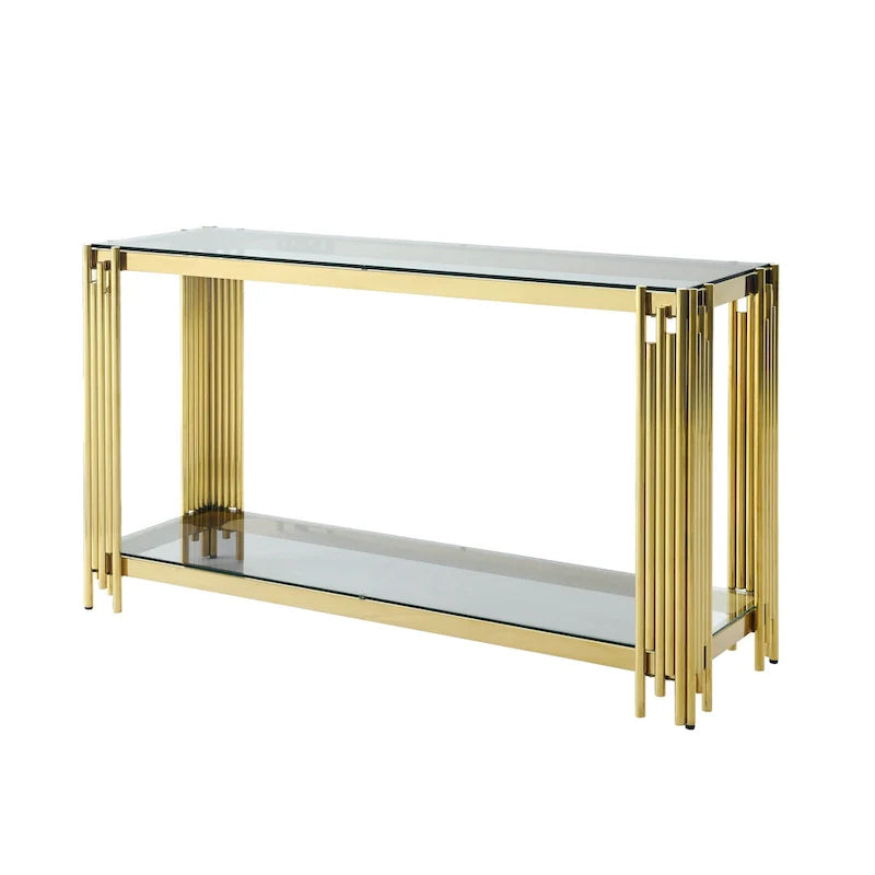 Narrow 2-tier Console Table with Gold Finished Metal Frame and Tempered Glass Top