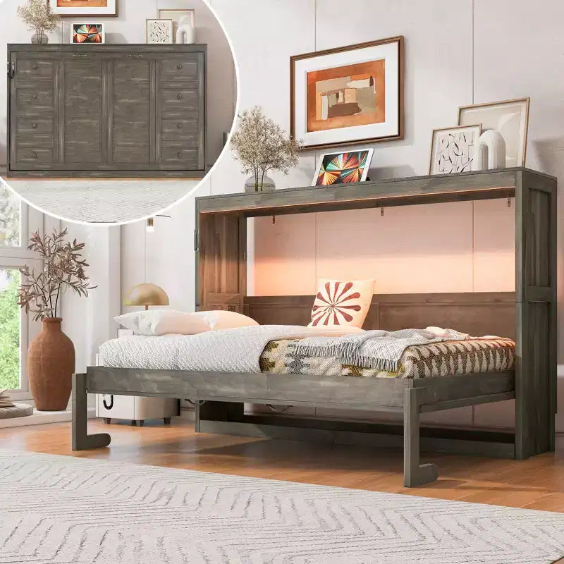 Επικλινές κρεβάτι (Murphy bed) μεγέθους Twin με φως LED, που αναδιπλώνεται σε ντουλάπι, κρυφό επιτοίχιο κρεβάτι για ξενώνα