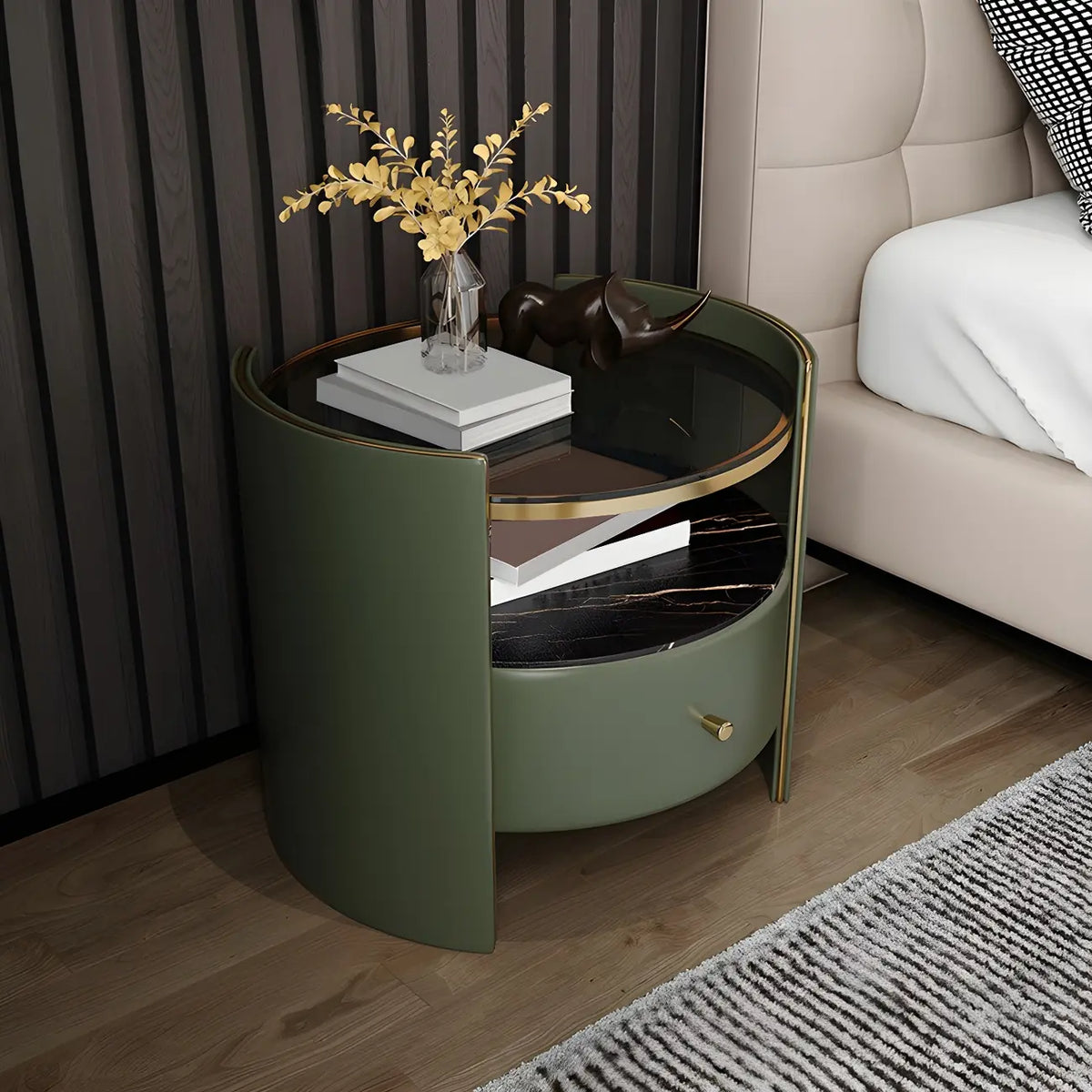 Luxury Glass Top Nightstand with Drawer Storage and Open Cubby