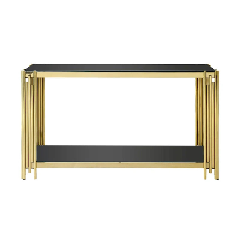 Narrow 2-tier Console Table with Gold Finished Metal Frame and Tempered Glass Top
