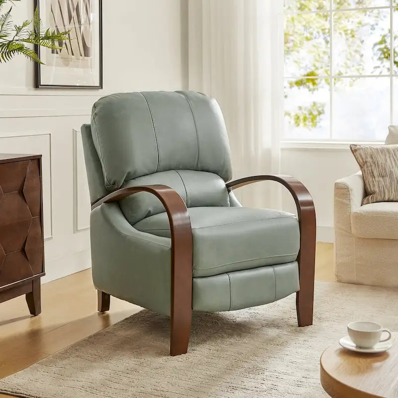 Alex Mid-century Modern Cigar Genuine Leather Manual Recliner with Wooden Curved Arms