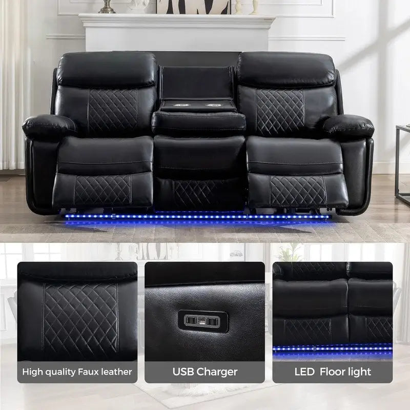 Power Reclining Sofa with Wireless Charger,Reading Light,LED Light for Living Room,Faux Leather,AC/USB Port,Cup Holder,Black
