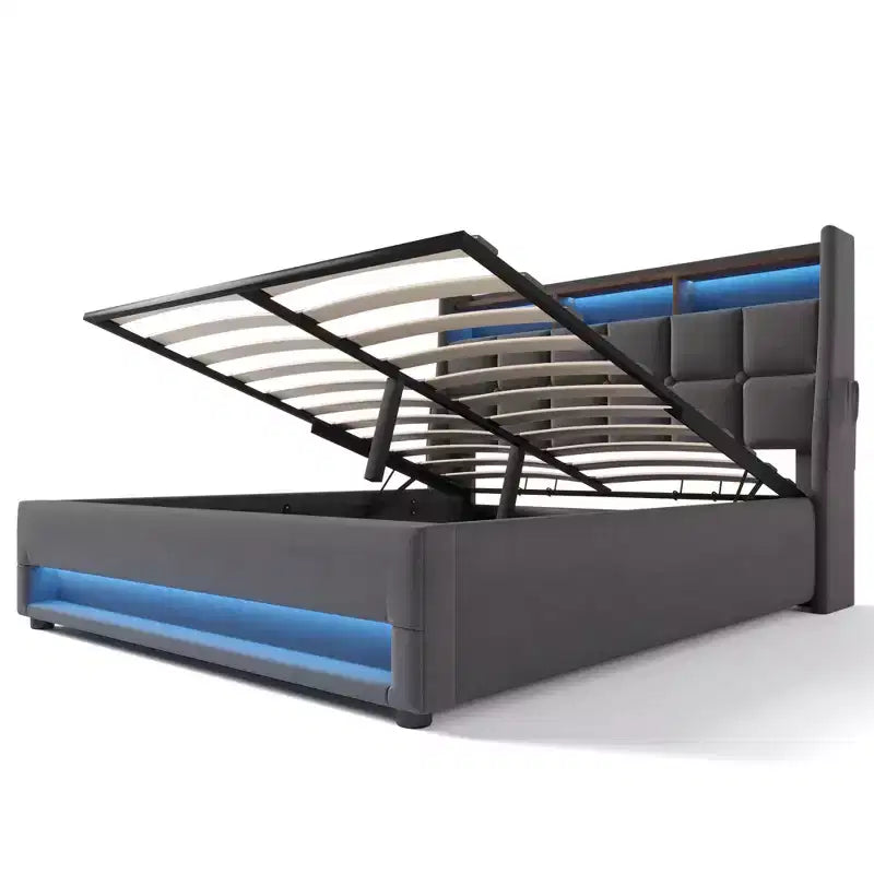 Κρεβάτι Queen Size με υδραυλικό αποθηκευτικό χώρο, LED, USB, επενδυμένο κεφαλάρι, χωρίς ανάγκη για σομιέ, εύκολη συναρμολόγηση