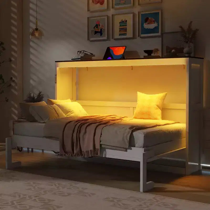 Επικλινές κρεβάτι (Murphy bed) μεγέθους Twin με φως LED, που αναδιπλώνεται σε ντουλάπι, κρυφό επιτοίχιο κρεβάτι για ξενώνα