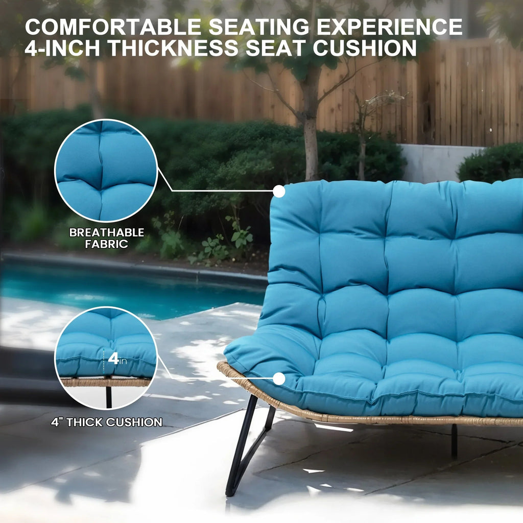 Διπλή πολυθρόνα Papasan Loveseat με μαξιλάρι, από ρατάν PE παντός καιρού και μεταλλικό σκελετό για εσωτερικούς και εξωτερικούς χώρους