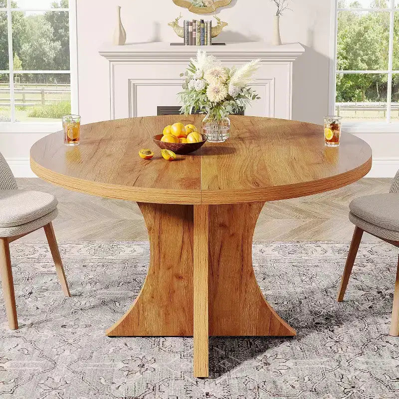Στρογγυλή τραπεζαρία Lantine 119,99 εκ. για 4-6 άτομα, αγροτικού τύπου τραπέζι κουζίνας με βάση κολώνα, μικρό τραπέζι φαγητού για τραπεζαρία, σαλόνι, καφέ