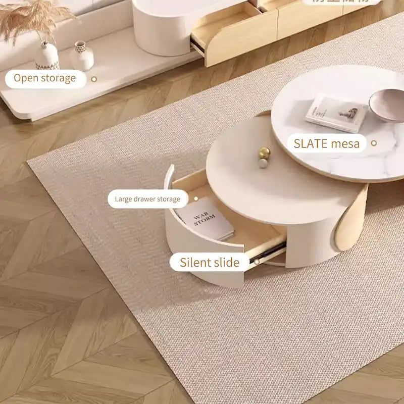 Μοντέρνο στρογγυλό τραπεζάκι σαλονιού, πέτρινη επιφάνεια, φυσικό ξύλο - 50 x 31,5