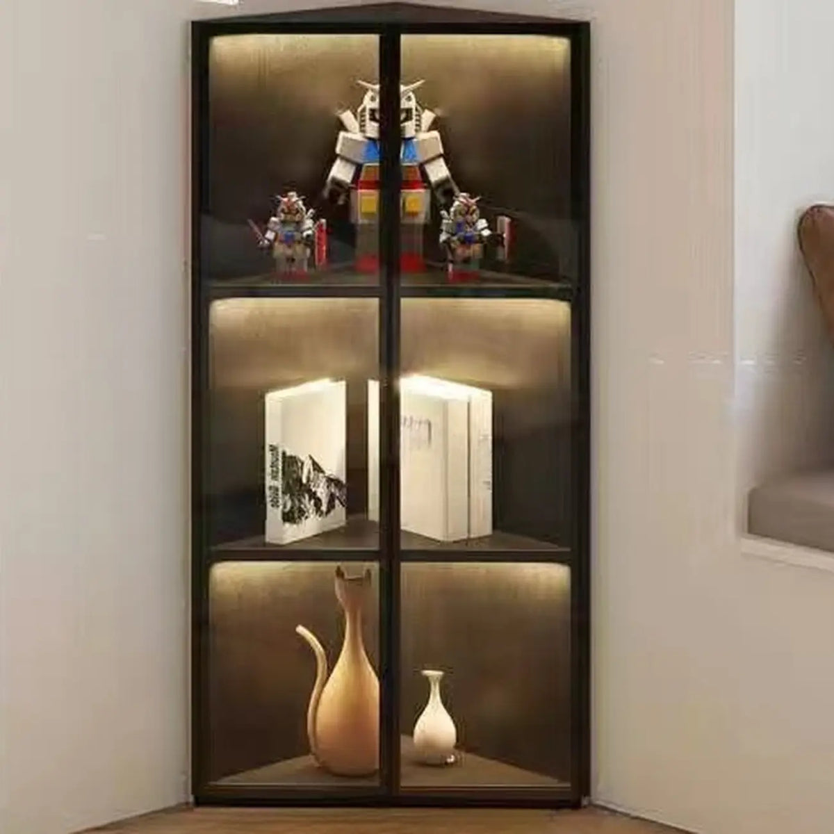 Modern Grey Metal Wood Corner Display Cabinet with Glass Door