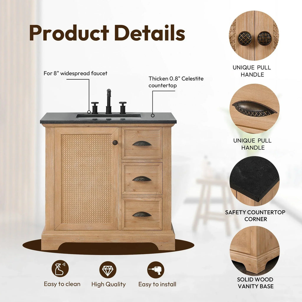 Hervas Bath Vanity with Natural Marble Top without Mirror