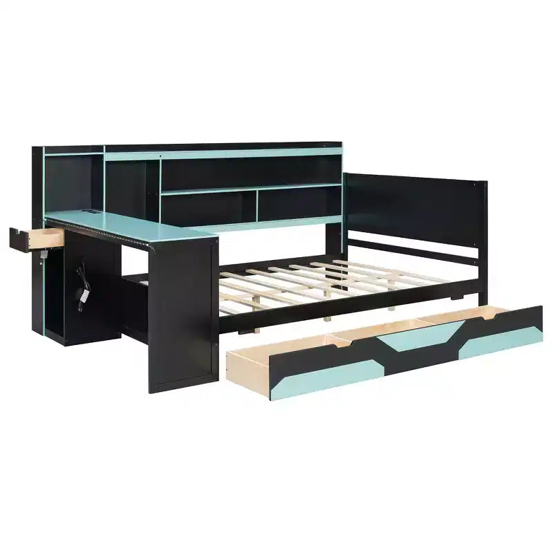 Gamer Hub Daybed με Γραφείο, Φώτα RGB, Σταθμό Φόρτισης, Συρτάρια Αποθήκευσης & Κεφαλάρι-Βιβλιοθήκη