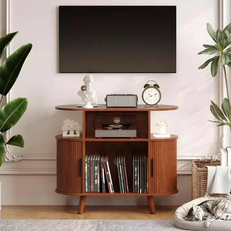Βάση πικάπ σε στυλ Mid-Century Modern, ξύλινο ράφι για πικάπ, ανοιχτό έπιπλο αποθήκευσης δίσκων βινυλίου, για το σαλόνι, το υπνοδωμάτιο
