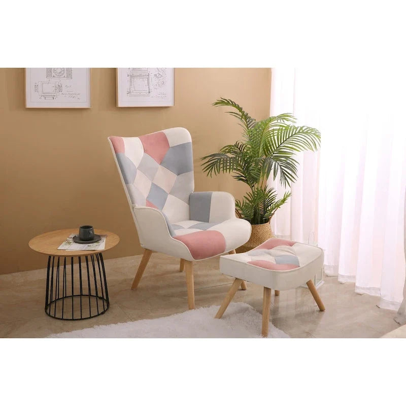 Accent Chair with Ottoman, Living Room Chair and Ottoman Set, Comfy Side Armchair for Bedroom, Creative Splicing Cloth Surface