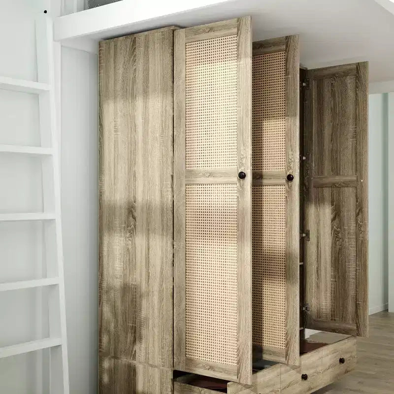 Ντουλάπα Rattan Famapy με 3 Συρτάρια, 3 Πόρτες από Διαπνέον Rattan, Ψηλή Ντουλάπα Αποθήκευσης σε Αγροτικό Στυλ για την Κρεβατοκάμαρα