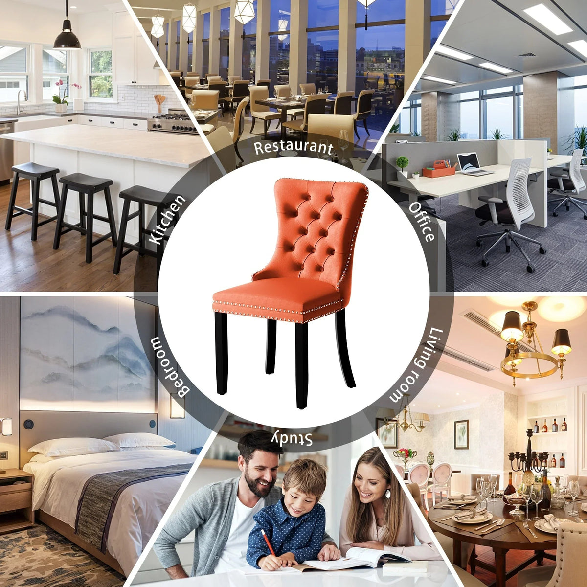 Σετ 6 επενδυμένων καρεκλών τραπεζαρίας από βελούδο με καπιτονέ λεπτομέρειες και πόδια από μασίφ ξύλο