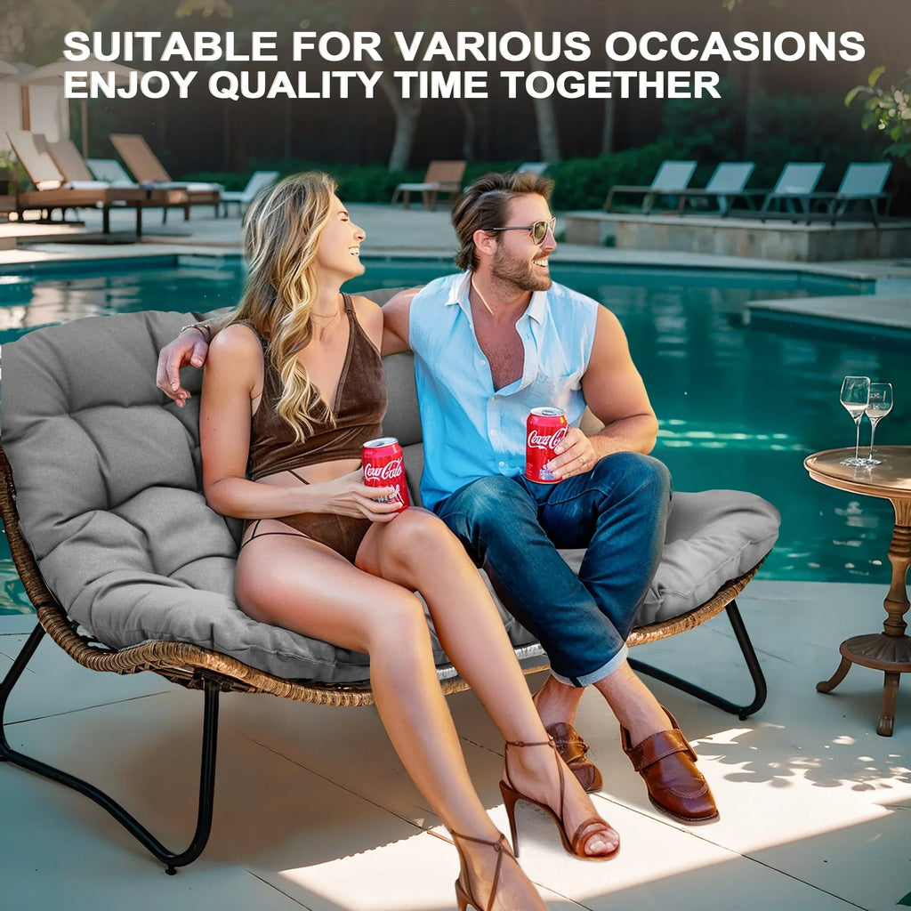 Διπλή πολυθρόνα Papasan Loveseat με μαξιλάρι, από ρατάν PE παντός καιρού και μεταλλικό σκελετό για εσωτερικούς και εξωτερικούς χώρους