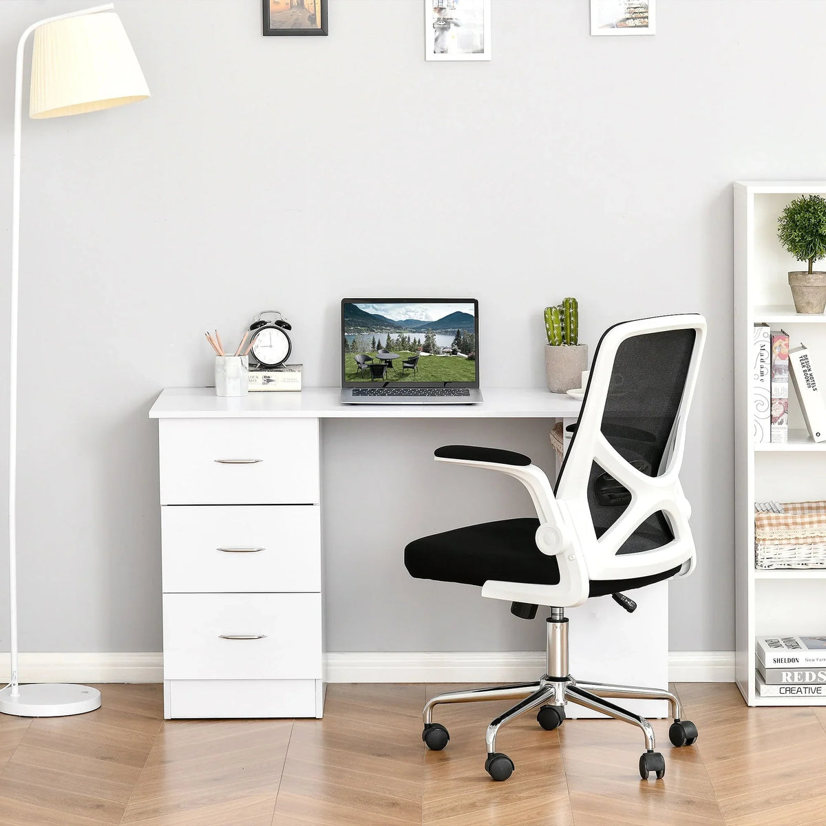 HOMCOM 47 Modern Home Office Computer Desk Bookcase Combo Writing Table Workstation with 3 Drawer and Storage Shelf - White