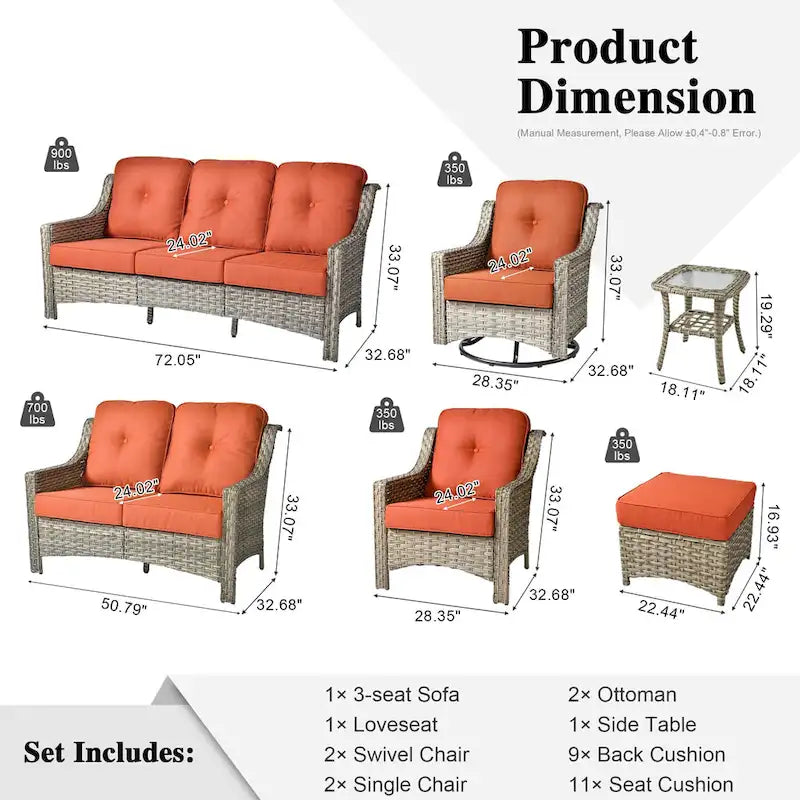 XIZZI 9-piece Outdoor Patio Furniture Conversation Set with Swivel Chair