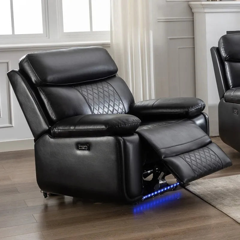 Power Reclining Sofa with Wireless Charger,Reading Light,LED Light for Living Room,Faux Leather,AC/USB Port,Cup Holder,Black