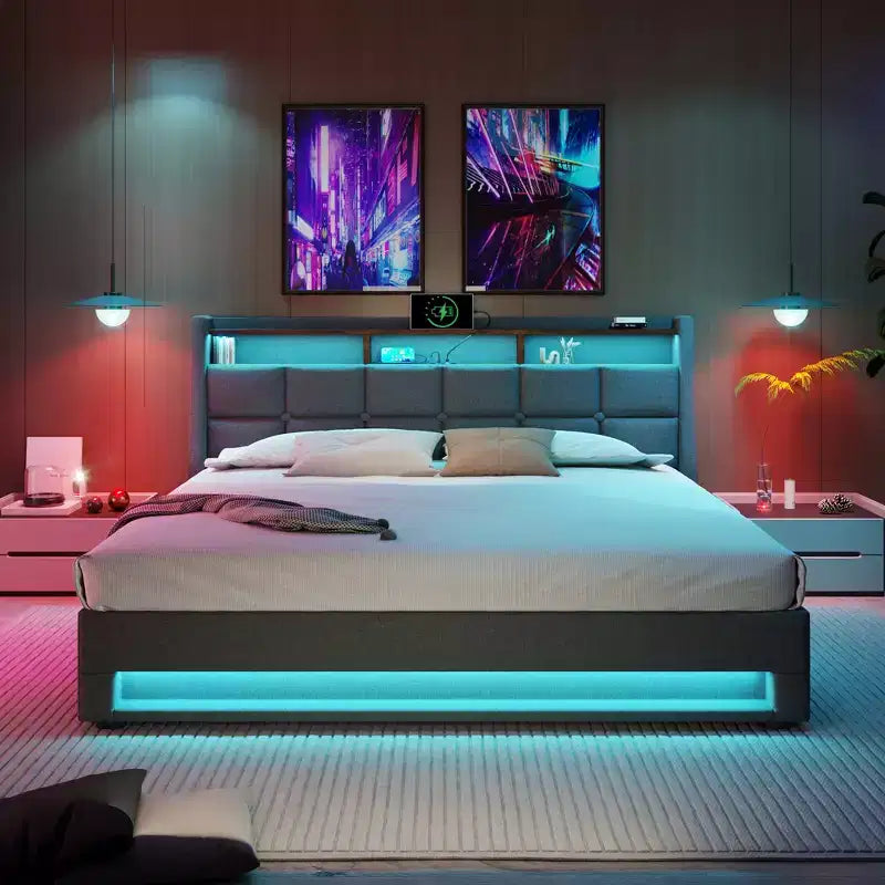 Κρεβάτι Queen Size με υδραυλικό αποθηκευτικό χώρο, LED, USB, επενδυμένο κεφαλάρι, χωρίς ανάγκη για σομιέ, εύκολη συναρμολόγηση