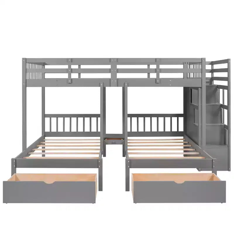 Whisen Full Over Twin & Twin Bunk Bed, Wood Triple Bunk Bed with Drawers and Guardrails