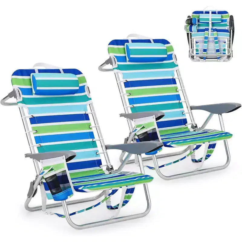 Acekool 2 Pack Lightweight Backpack Beach Chair, 5 Position Foldable Lay Flat Chair for Adults with Straps, Cup Holder & Towel Bar, Supports 300 lbs