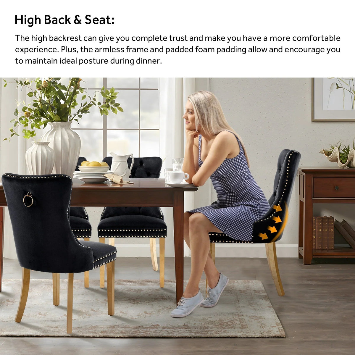 Σετ 6 επενδυμένων καρεκλών τραπεζαρίας από βελούδο με καπιτονέ λεπτομέρειες και πόδια από μασίφ ξύλο