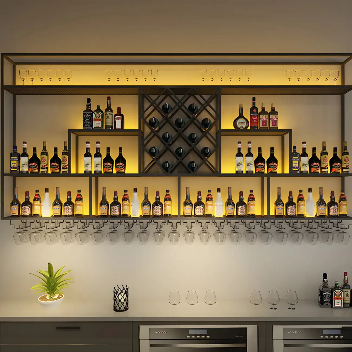Rectangular Black Metal Wall-Mounted Wine Bottle Rack