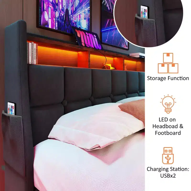 Κρεβάτι Queen Size με υδραυλικό αποθηκευτικό χώρο, LED, USB, επενδυμένο κεφαλάρι, χωρίς ανάγκη για σομιέ, εύκολη συναρμολόγηση