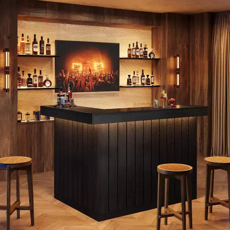 Επιτοίχια Μπάρα Σπιτιού Lantine σε Σχήμα L, Γωνιακό Τραπέζι Ποτών 4 Επιπέδων με Ράφια Αποθήκευσης και Θήκη για Ποτήρια Κρασιού για Οικιακό Μπαρ