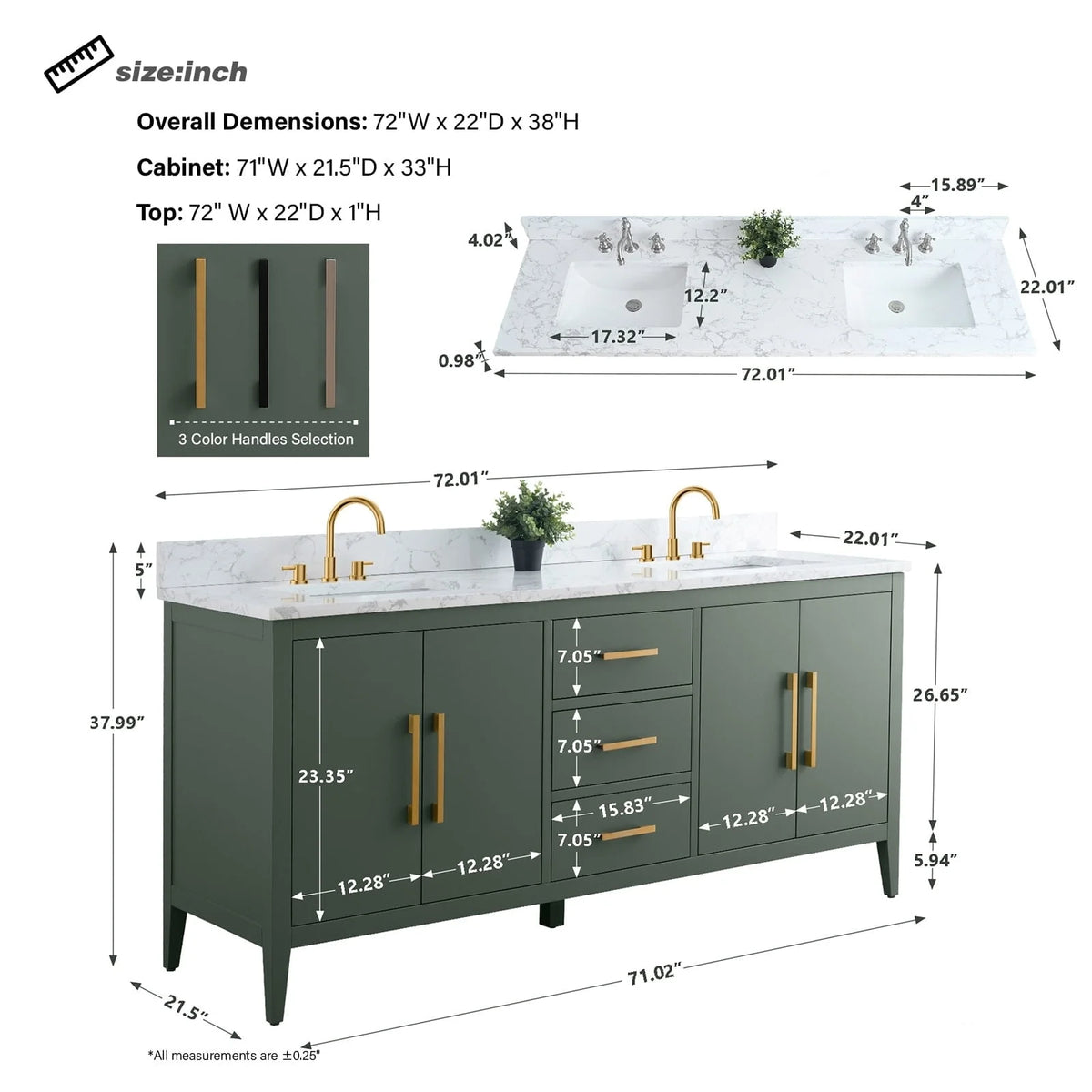 Έπιπλο μπάνιου Vanity Art 72" με διπλό νιπτήρα και πάγκο από τεχνητό μάρμαρο