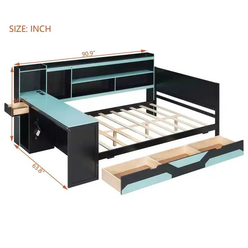 Gamer Hub Daybed με Γραφείο, Φώτα RGB, Σταθμό Φόρτισης, Συρτάρια Αποθήκευσης & Κεφαλάρι-Βιβλιοθήκη